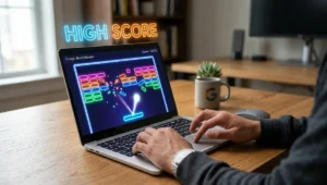 A player smashing colorful blocks on a laptop screen to achieve a Google Block Breaker high score.