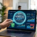 A digital analytics dashboard showing an independent legitimacy review for TechBullion.