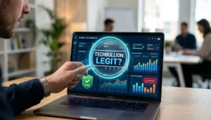A digital analytics dashboard showing an independent legitimacy review for TechBullion.