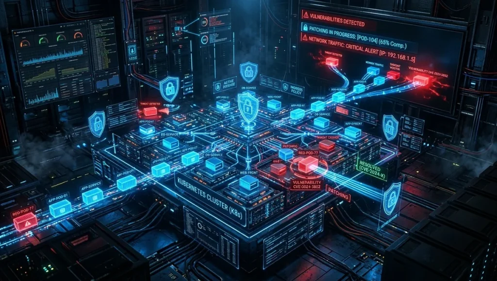 Kubernetes security news showing cloud cluster vulnerabilities, CVEs, and cybersecurity protection