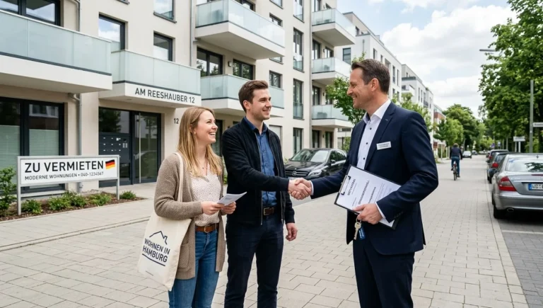 German Mietmakler (rental agent) shaking hands with young couple in front of apartment with Zu Vermieten sign