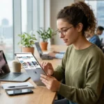 A futuristic digital technology guide featuring gadgets and software icons for digitalconnectmag.com