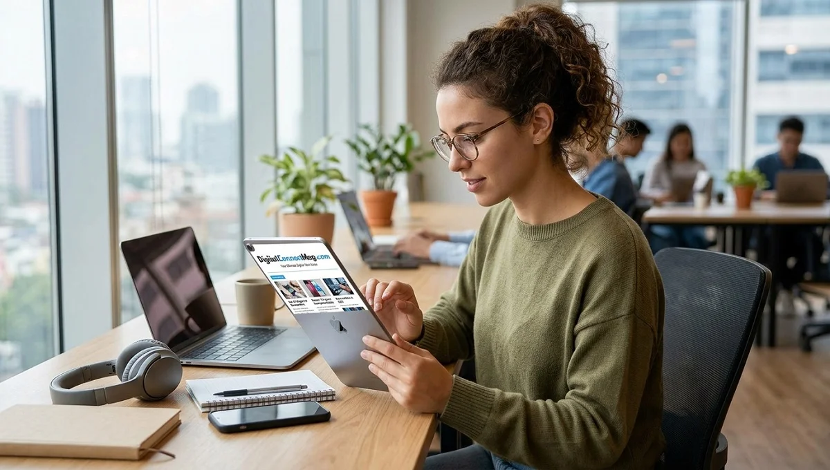 A futuristic digital technology guide featuring gadgets and software icons for digitalconnectmag.com