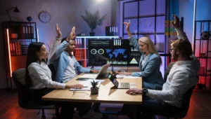 Voozon platform review, features, and digital business tools discussed by a professional team in a meeting.