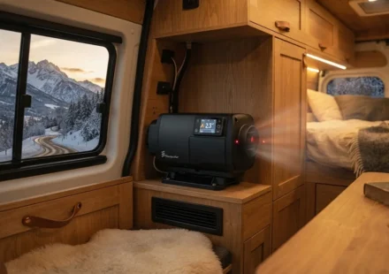 Modern diesel air heater installed in a camper van with a digital controller, showcasing efficient heating, proper installation, and safe operation.