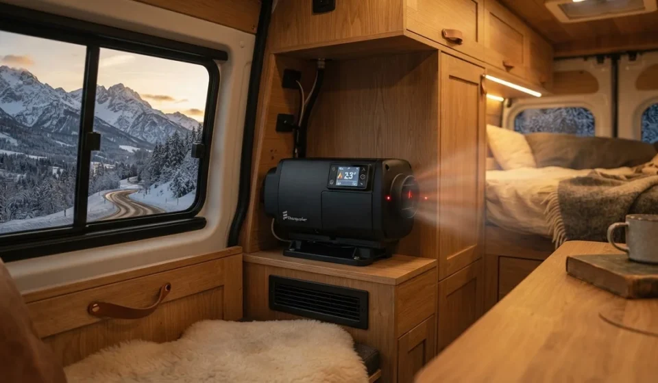 Modern diesel air heater installed in a camper van with a digital controller, showcasing efficient heating, proper installation, and safe operation.