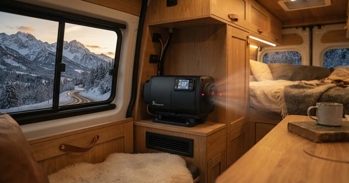 Modern diesel air heater installed in a camper van with a digital controller, showcasing efficient heating, proper installation, and safe operation.