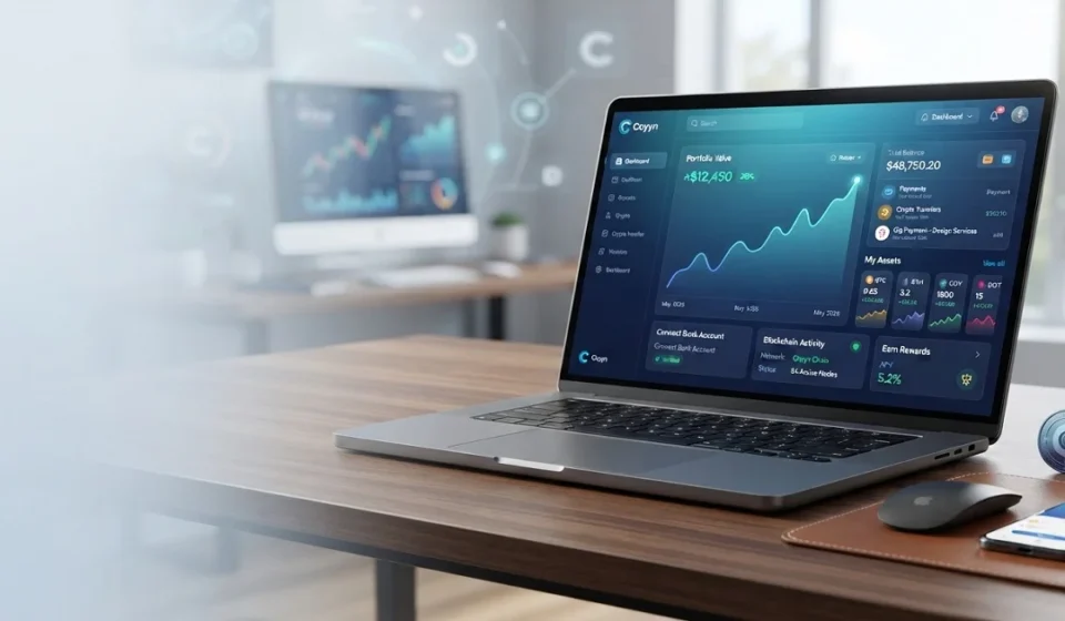 Coyyn platform dashboard with crypto, digital banking, and blockchain features