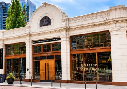 Starbucks Reserve Roastery Seattle exterior with iconic modern architecture