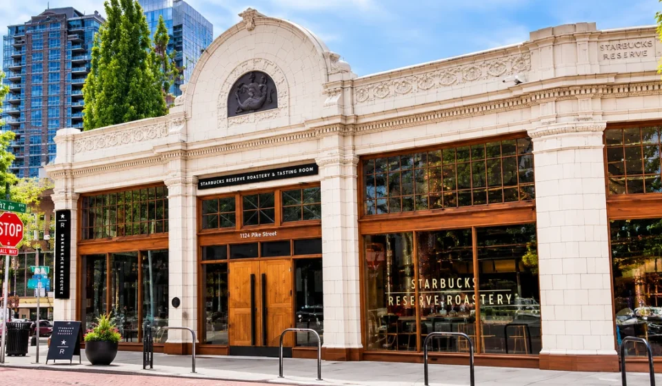 Starbucks Reserve Roastery Seattle exterior with iconic modern architecture