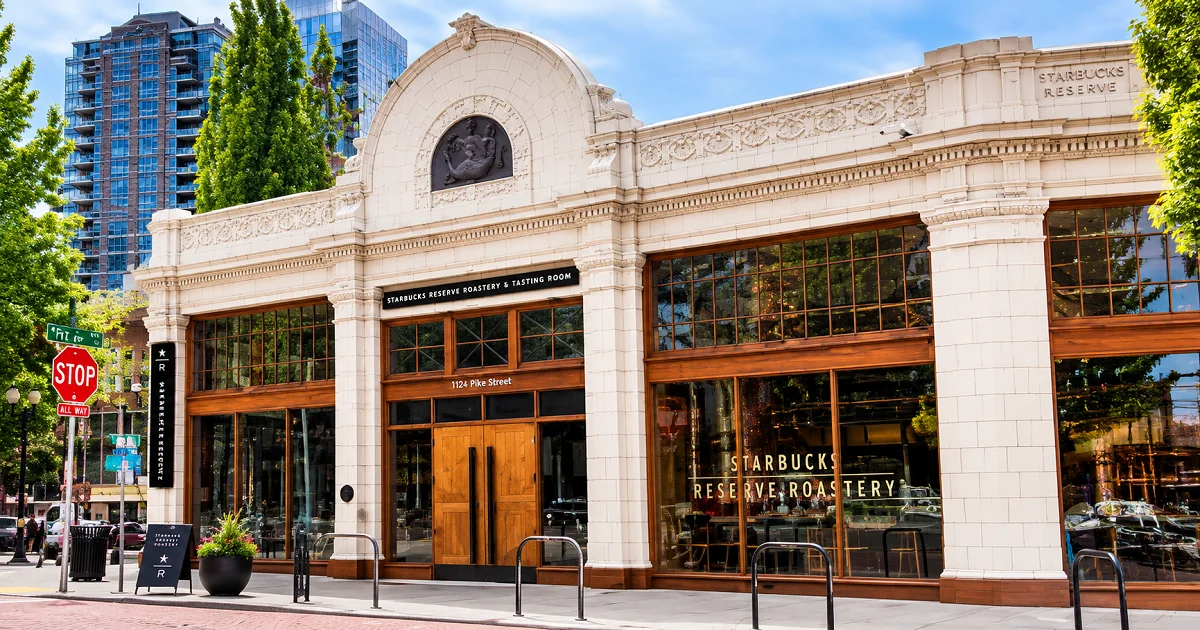 Starbucks Reserve Roastery Seattle exterior with iconic modern architecture