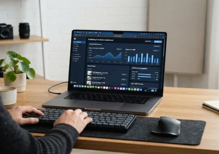 A digital content creator navigating the Tasyyblack publishing platform dashboard and analytics interface