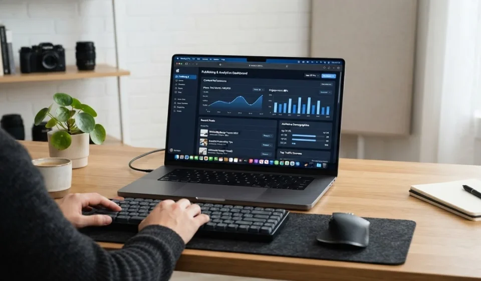 A digital content creator navigating the Tasyyblack publishing platform dashboard and analytics interface