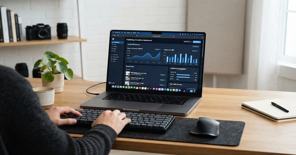 A digital content creator navigating the Tasyyblack publishing platform dashboard and analytics interface