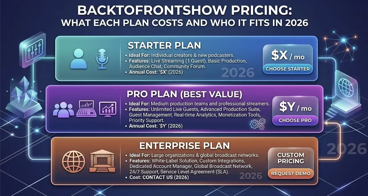 Professionals comparing BackToFrontShow pricing plans on a laptop in a modern office